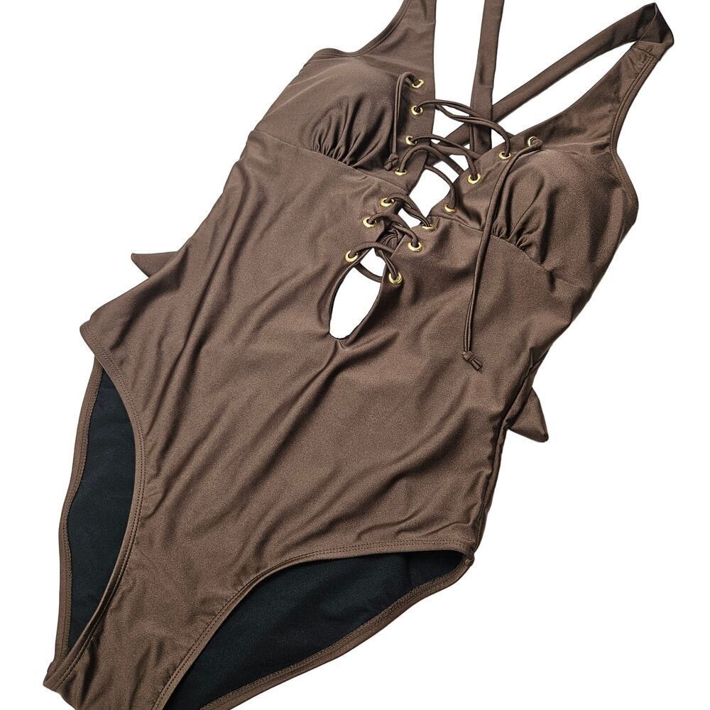 Your Best Look Lace Up One Piece Swimsuit‎ 10 Brown Sheen YBL